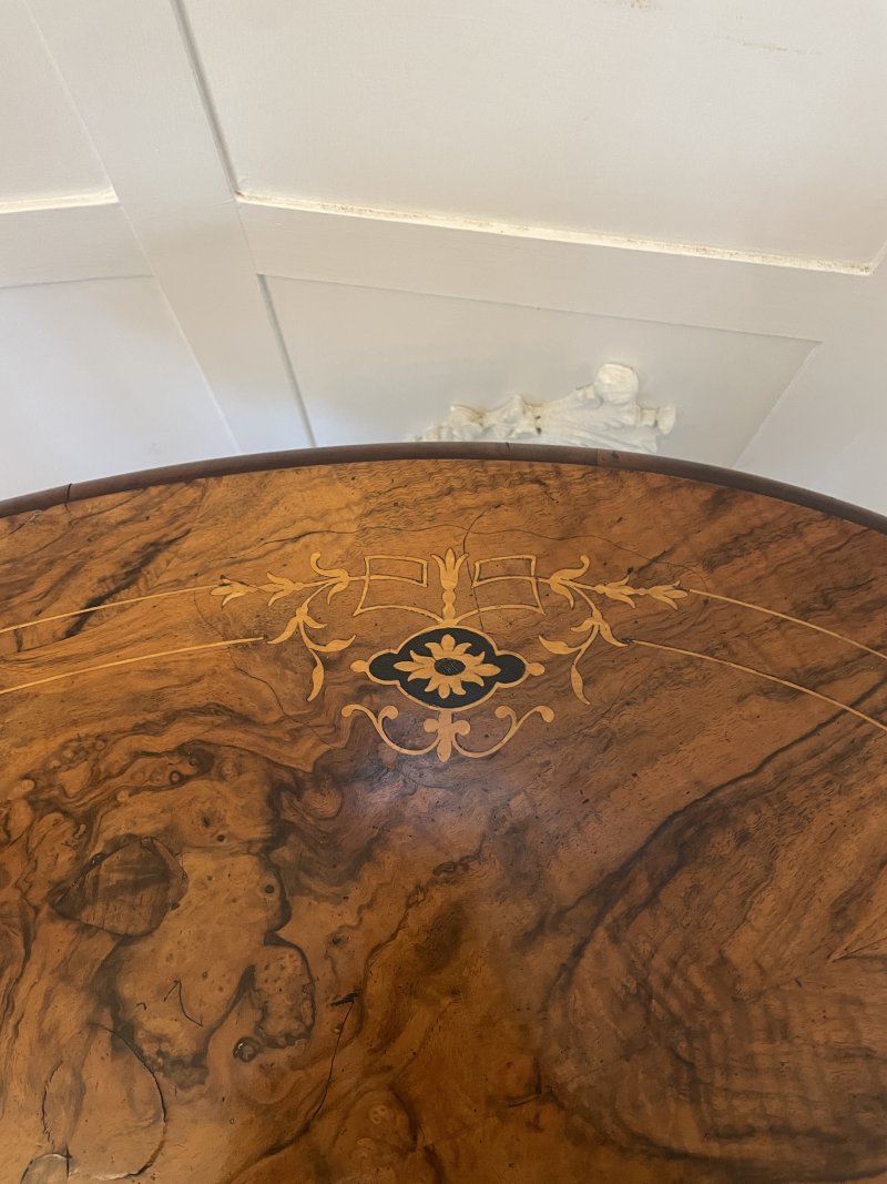 Antique Victorian Quality Inlaid Burr Walnut Oval Centre Table - Image 9